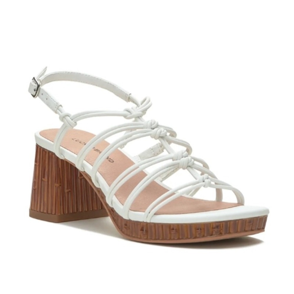 Lucky Brand Bassie White Strappy Knotted Bamboo Block Heel Sandal Women Size 10M